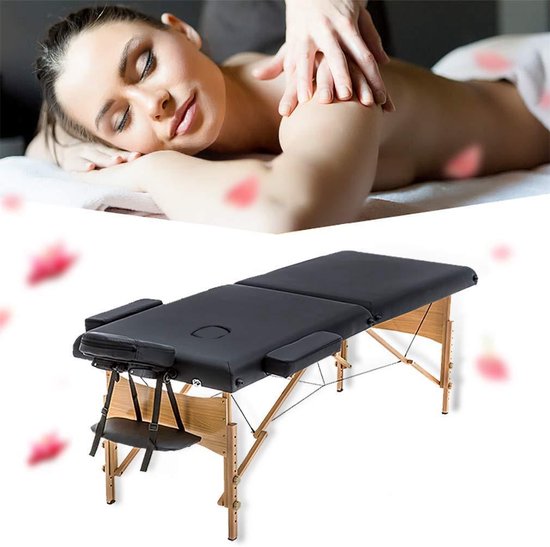 BestMassage MT-T1-Black - Massage table, portable massage bed, length 186 cm, height adjustable, double folding, face cushion, carrying bag, black